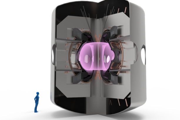 Artist's impression of advanced tokamak with person standing next to it for scale