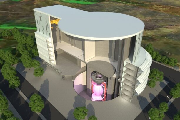 Artist's impression of STEP fusion power plant with cut away showing pink glow from fusion